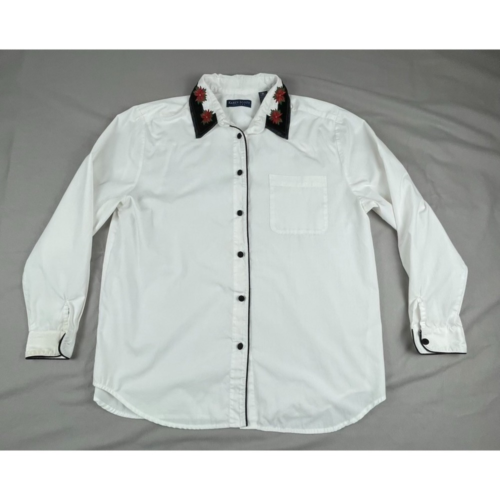 KAREN SCOTT WOMENS‎ WHITE BUTTON UP SHIRT EMBROIDERED COLLAR FLORAL HOLIDAY LONG